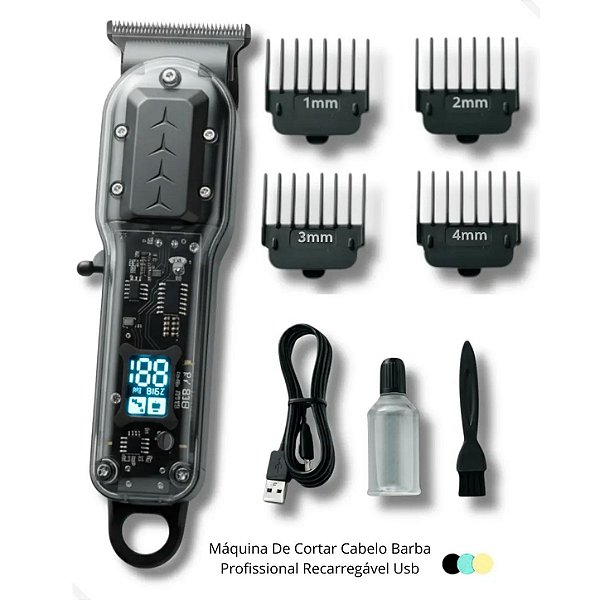 Máquina de Cortar Cabelo Profissional Sem Fio Recarregável Display LED Barbeador Aparador