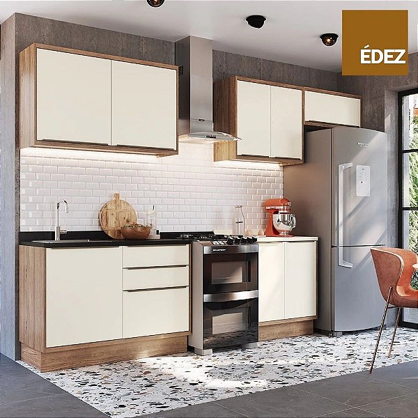 COZINHA COMPLETA MODULAR - ÉDEZ UNE - 8 PORTAS, 3 GAVETAS - TAMPO OFF WHITE - 100% MDF