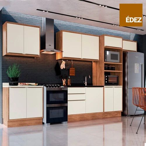 COZINHA COMPLETA MODULAR - ÉDEZ UNE - 11 PORTAS, 3 GAVETAS - TAMPO OFF WHITE- 100% MDF