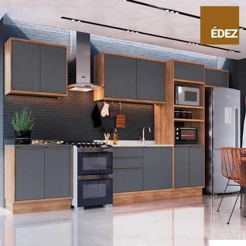 COZINHA COMPLETA MODULAR - ÉDEZ UNE - 11 PORTAS, 3 GAVETAS - TAMPO GRAFITE - 100% MDF