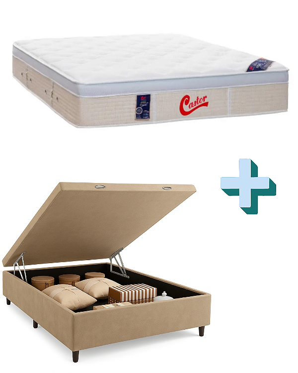 CONJUNTO: BOX BAÚ + COLCHÃO CASTOR GOLD STAR VITAGEL - MOLAS ENSACADAS - TAMANHO CASAL 138 X 188 X 78