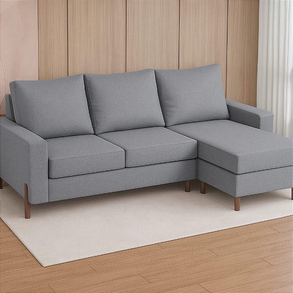 Sofá Haval com Chaise Reversível – 2,76m, Almofadas Soltas, Pés de Madeira