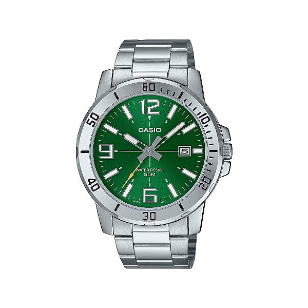 Relógio Casio Masculino Fundo Verde Pulseira de Aço MTP-VD01D-3BVUDF-SC