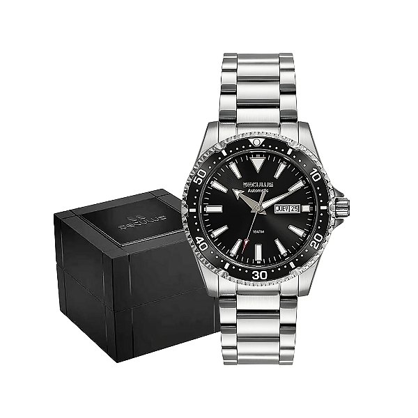 Relógio Seculus Masculino Automático Fundo Preto Puls. de Aço 44237G0SVNA1