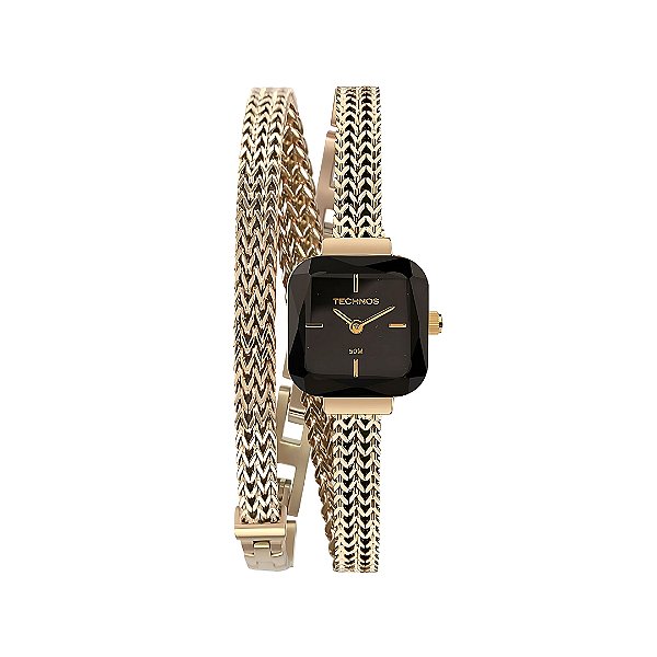 Relógio Technos Feminino Quadrado Duas voltas Dourado Fundo Preto 5Y20LX1P