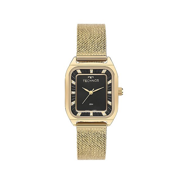 Relógio Technos Feminino Fundo Preto Pulseira Esteirinha 2035NAX/1P
