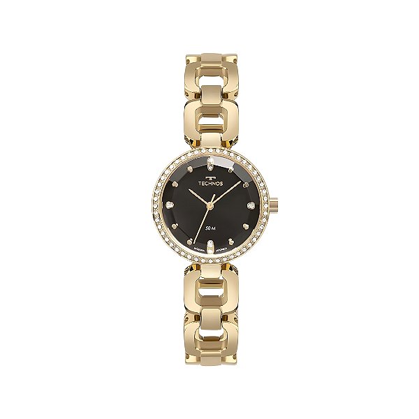 Relógio Technos Feminino Dourado Fundo Preto de Elos 2036MTH/1P
