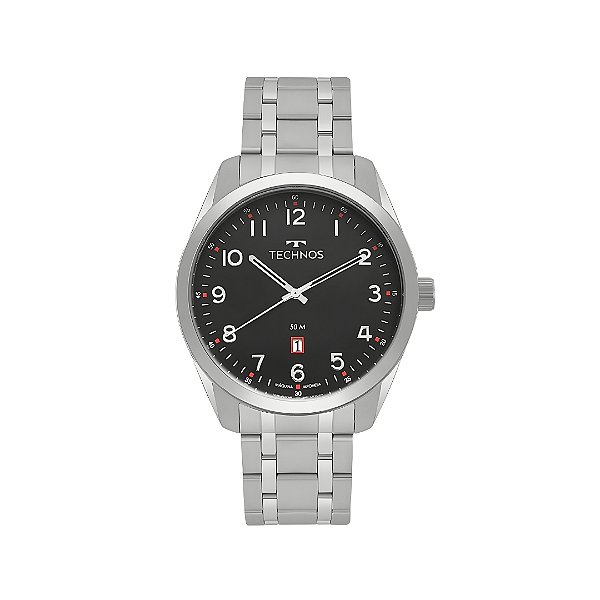 Relógio Technos Masculino Fundo Preto Pulseira de Aço Prateado 2115MSAS/1P