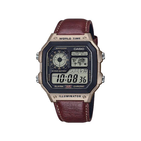 Relógio Casio Masculino Puls. de Couro Marrom AE-1200WHL-5AVDF-SC