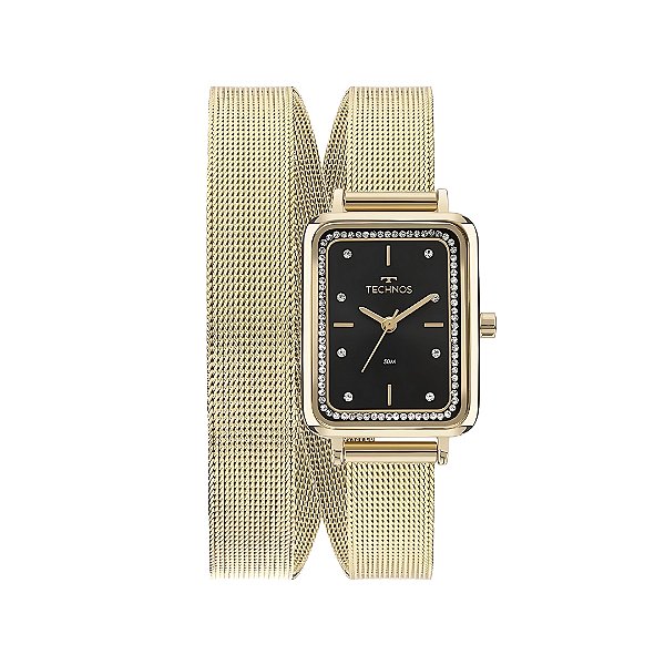 Relógio Technos Feminino Pulseira Esteirinha Dourado Fundo Preto GL32AP/1P