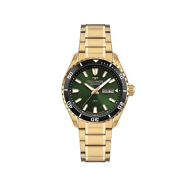 Relógio Technos Masculino Automático Dourado com Fundo Verde 8205PG1V