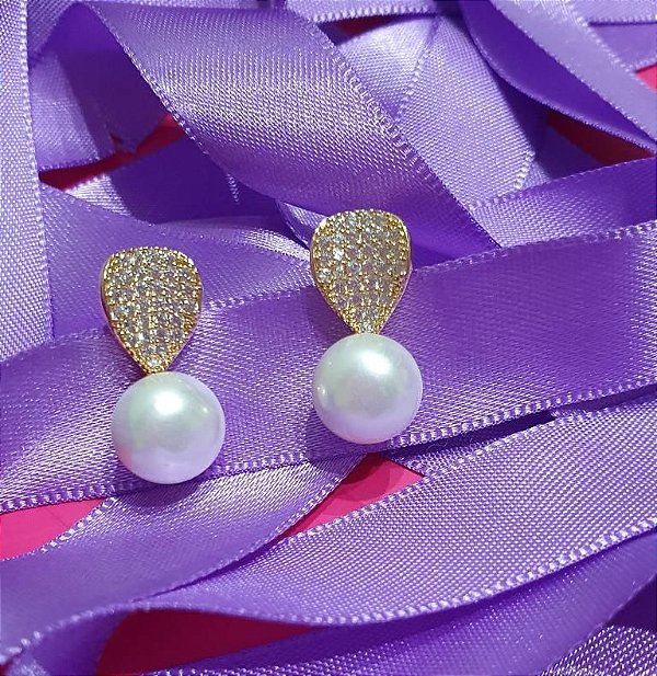 Brinco Perola Cravejado em Micro Zircônia - Banhado a Ouro 18K - Semijoia