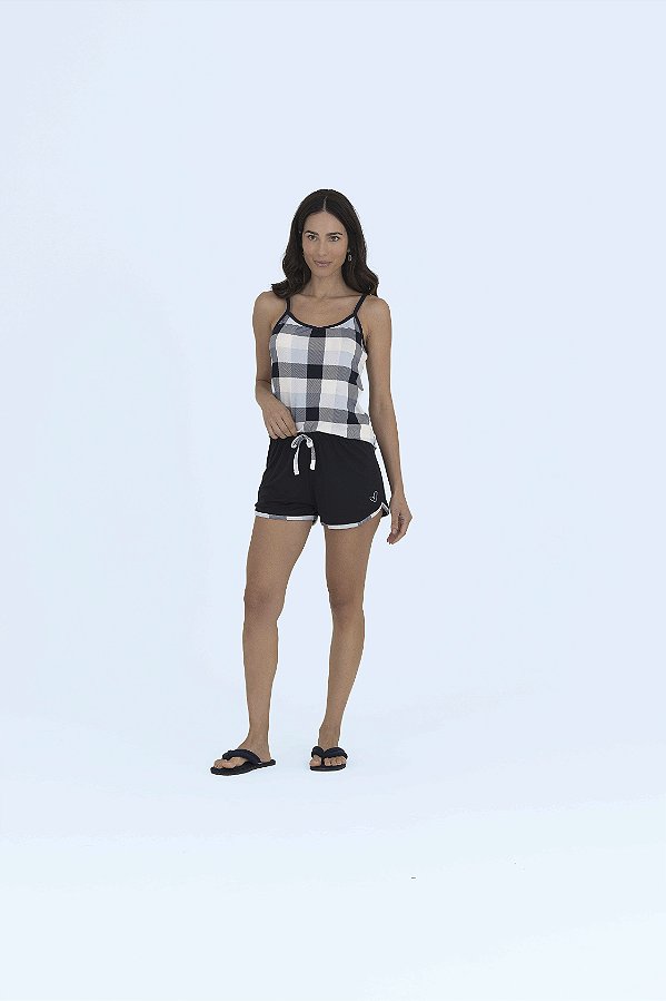 Pijama Alcinha Xadrez (Shortdoll) Azul Marinho