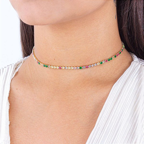 Colar Choker Riviera  Zirconia Fina Coloridas (2mm)  - Banhada a Ouro - Semijoia
