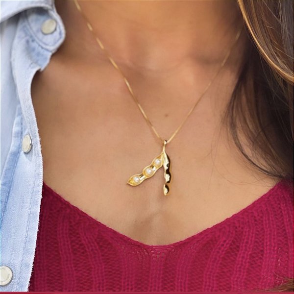 Colar Soja Com Perola Agro - Semijoia Banhada a Ouro 18k