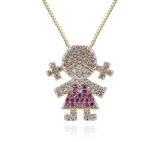 Colar  Filha Menina Vestido Rosa - Semijoia Banhada a Ouro 18k