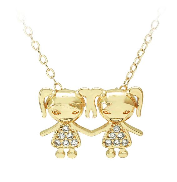 Colar Duas Filhas / Duas Meninas /  Cravejado. Pingente- Semijoia Banhada a Ouro 18k
