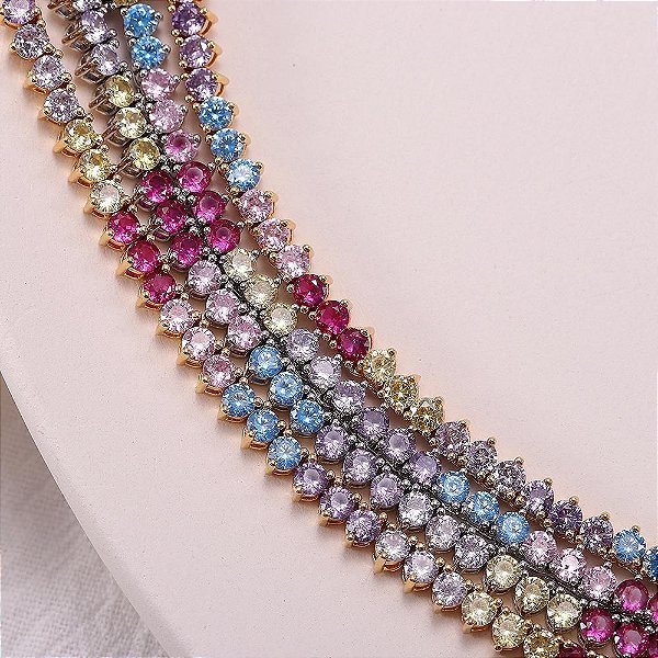Colar Chocker Riviera  Candy Color Colorida Cristal Zirconia (4mm) 3 Pontos -  Semijoia Banhada a Ouro 18k
