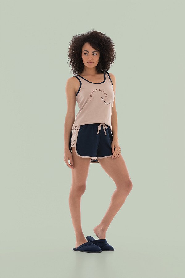 Pijama/ Shortdoll/ Regata Nude  em Algodão com Estrelas