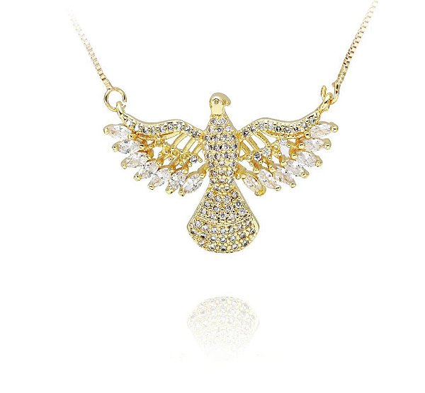 Colar Espirito Santo Cravejado em Zirconia -  Semijoia Banhado a Ouro 18K