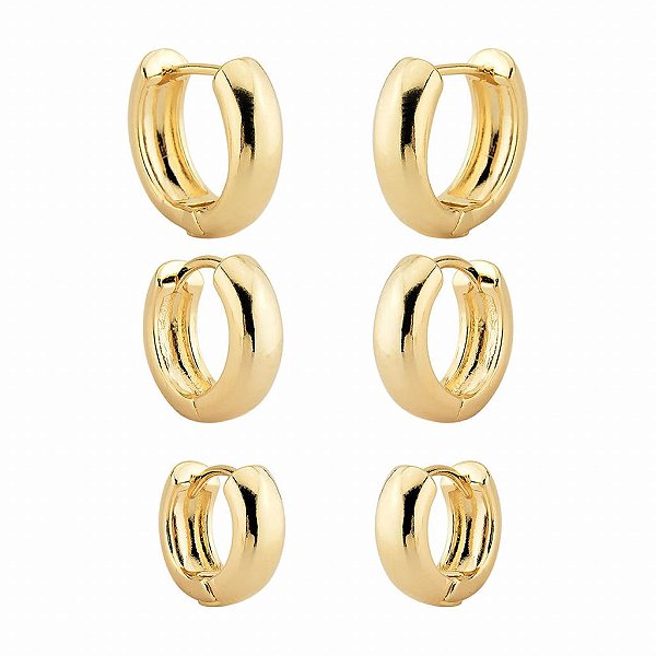 Brinco Kit Trio de Brincos de Argolinhas Lisas Grossas- Semijoia Banhada a Ouro 18K