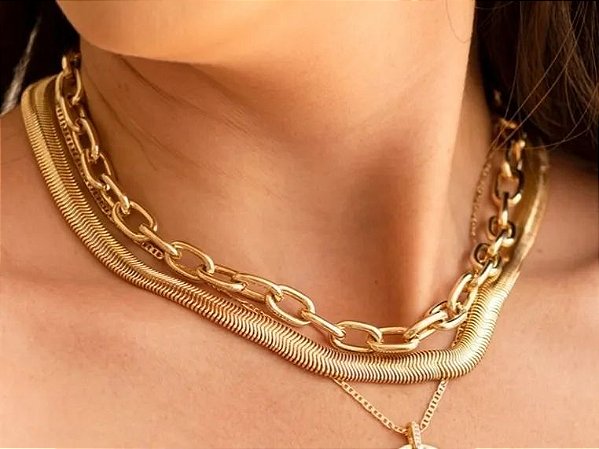 Colar Malha Corrente Lacraia/ Salamandra ou Serpente de 8mm - Semijoia Banhada a Ouro 18K