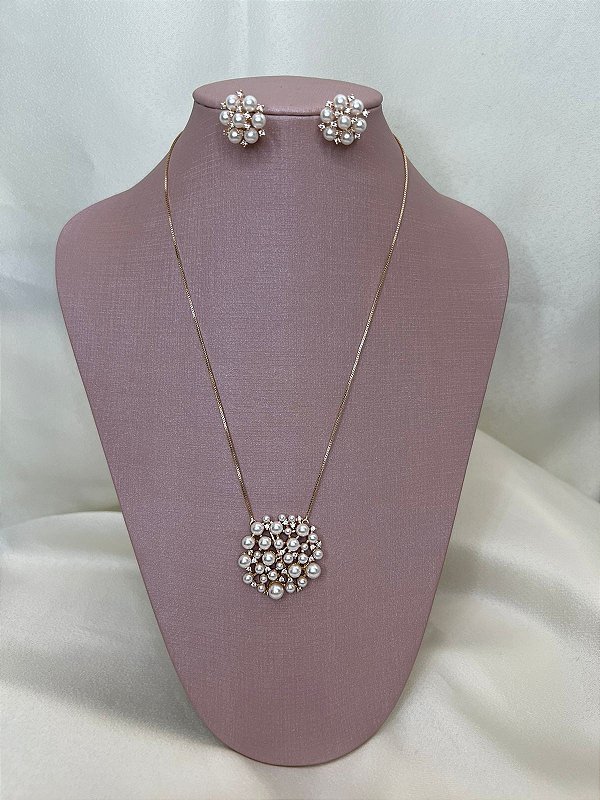 Colar Pérolas e Cravejação cristal - Semijoia Banhada Ouro 18 K
