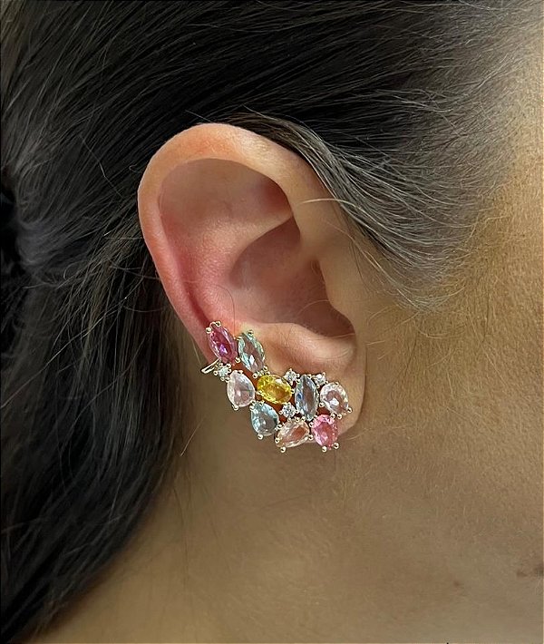 Brinco Ear Cuff com Zirconia Colorido Cravejado Candy Color- Semijoia Banhada Ouro 18 K