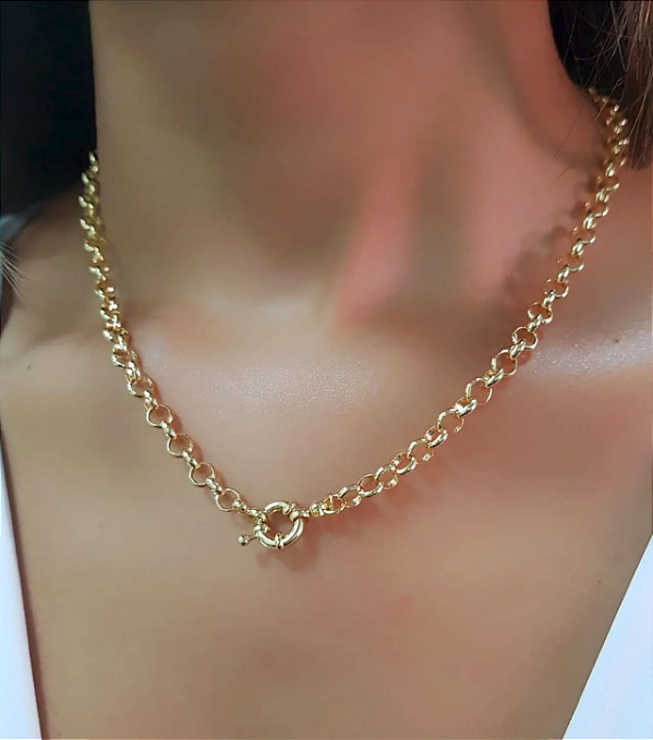Colar/ Chocker Elo Portugues Longo Fecho Boia - Semijoia Banhada Ouro 18 K