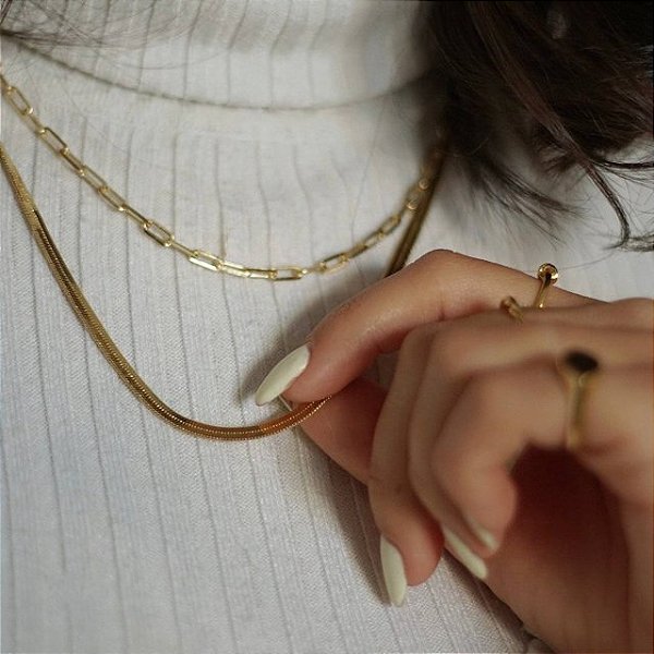 Colar Correntaria/ Chocker / Gargantilha Elos Pequenos Retangulares - Semijoia Banhada Ouro 18 K