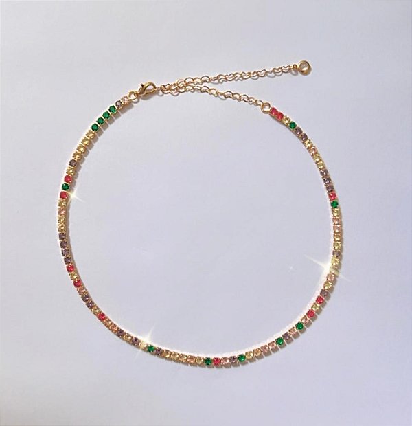 Colar Chocker Riviera de Zirconias Coloridas Candy 3mm - Semijoia Banhada a Ouro 18k