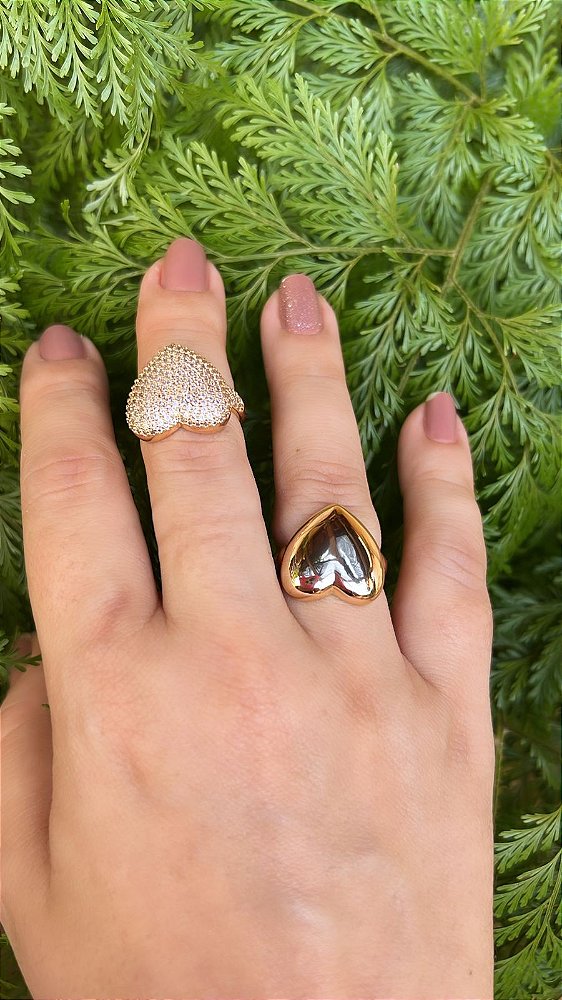 Anel Coração Liso e Coração Cravejado - Semijoia Banhada Ouro 18K