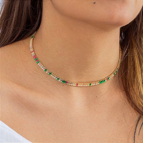 Colar Chocker Riviera Retangular de Zirconias Baguete Coloridas Candy - Banhada a Ouro 18k - Semijoia