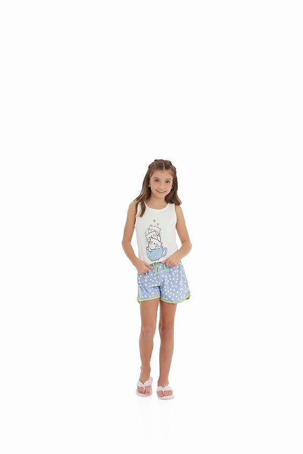 Pijama/ Infantil/Shortdoll/Regata/ Gatinhos/Xícara/ Infantil/ em Algodão