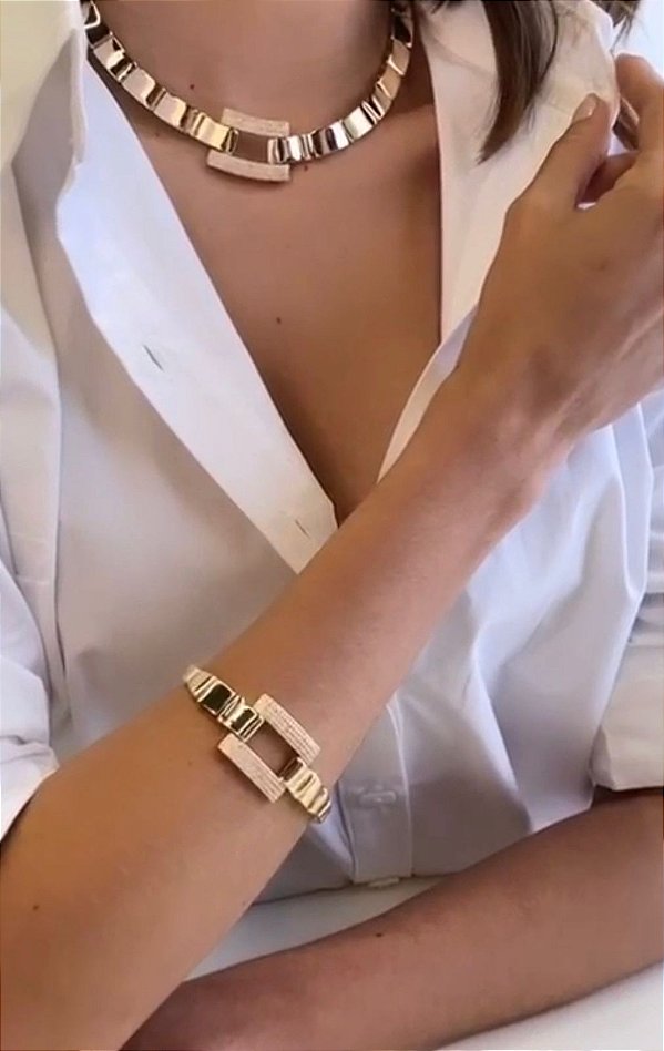 Conjunto De Colar/ Gargantilha + Pulseira Liso com Detalhe Cravejado - Semijoia de Luxo Banhada a Ouro 18 K