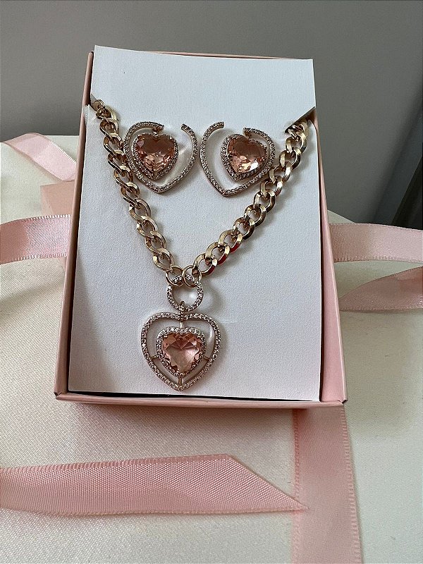 Conjunto Coração Luxo Brinco 2 em 1 Detalhe Cravejado e pedra Rosé/Verde - Semijoia Banhada Ouro 18K