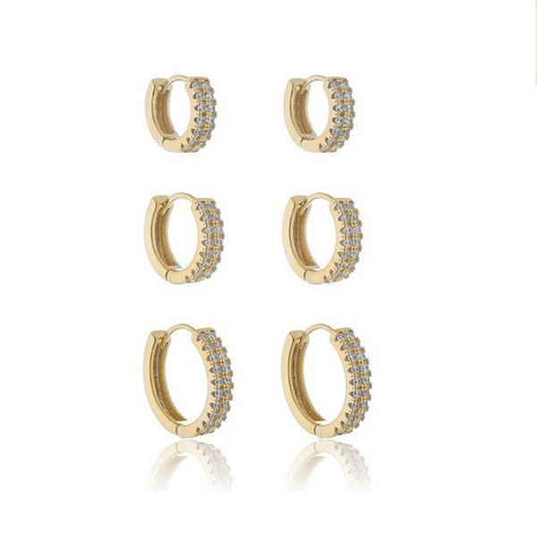 Brinco Kit Trio de Argolinhas  Linha Cravejado em Zircônia e Linha Lisa-  Semijoia de luxo Banho 18K