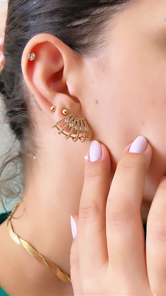Brinco Ear Cuff Todo Cravejado em Zircôneas- Semijoia Banho Ouro 18K