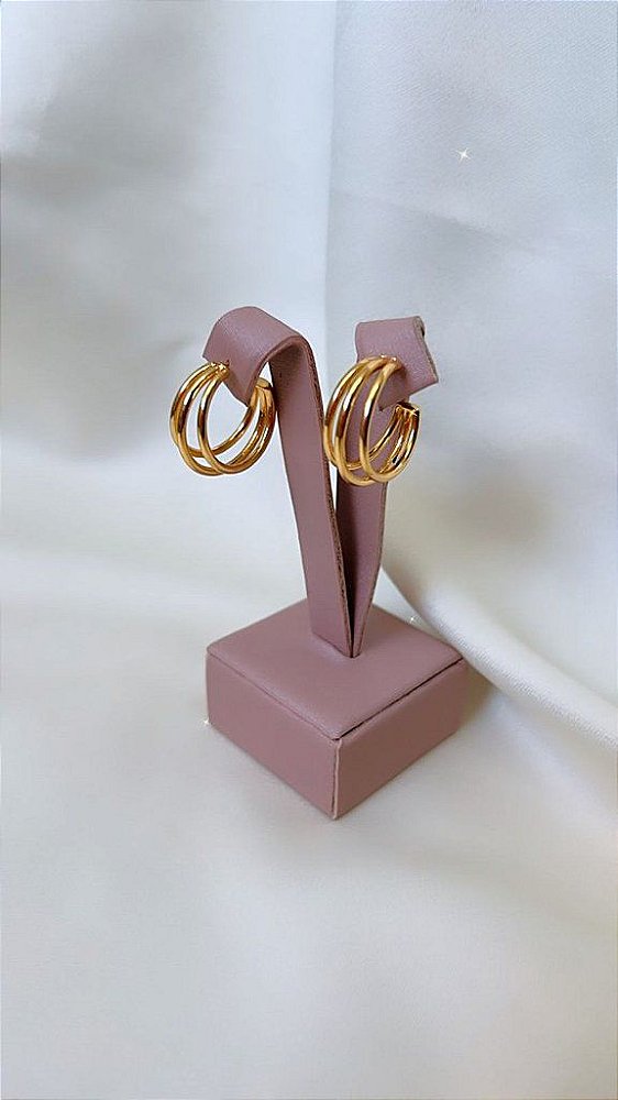 Brinco Argola Três Tubos Pequeno Fino - Semijoia Banhado a Ouro 18K