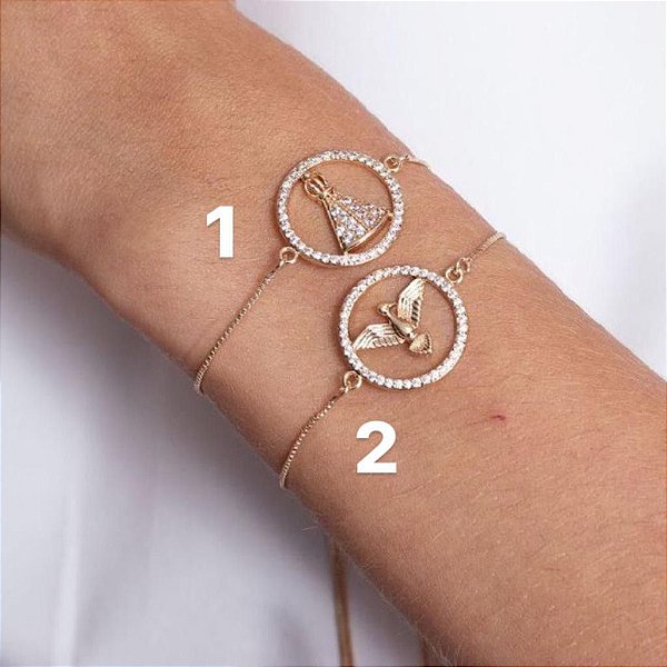 Pulseira Nossa Senhora/ Espírito Santo Cravejada Fecho Gravata Semijoia- Banhada Ouro 18K