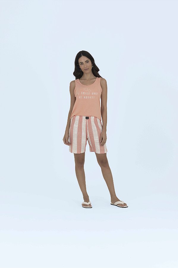 Pijama/ Bermudoll/ Shortdoll Salmão Xadrez Regata
