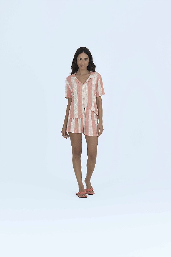 Pijama de Botão Americano Salmão Xadrez Minimalista / (Shortdoll) - Confortável