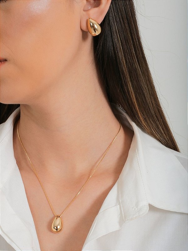 Conjunto Gota Lisa Média - Colar e  Brinco - Semijoia Banhada a Ouro 18K