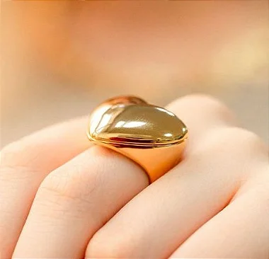 Anel Coração Grande Liso  Elegante e Romântico - Ajustavel - Banhado a Ouro 18k - Semijoia