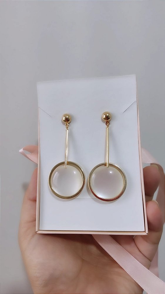 Brinco Longo - Três Círculos- Vazado - Pedra Olho de gato- Liso   - Banhado a Ouro 18K - Semijoia