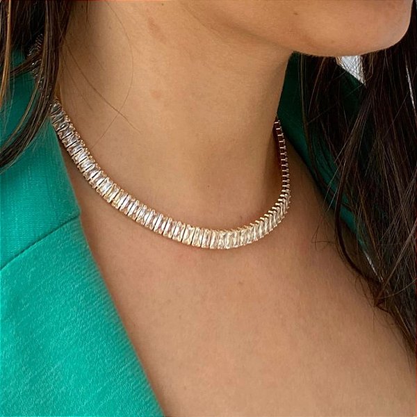 Colar Choker Riviera Baguete de 5,7mm   - Semijoia Banhada a Ouro 18k