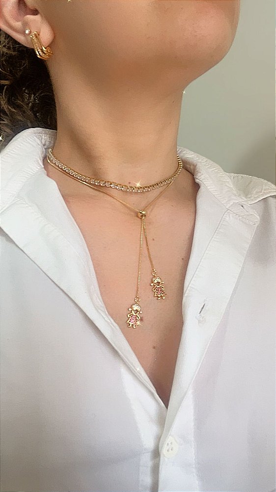 Colar Duas Filhas / Duas Meninas / Cravejado / Gravata / Pingente- Semijoia Banhada a Ouro 18k