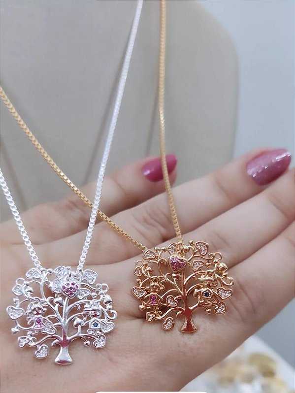 Colar Filho e Filha Arvore Da Vida Cravejado em Zircônias Cristal  - Banhado a ouro 18K - Semijoias