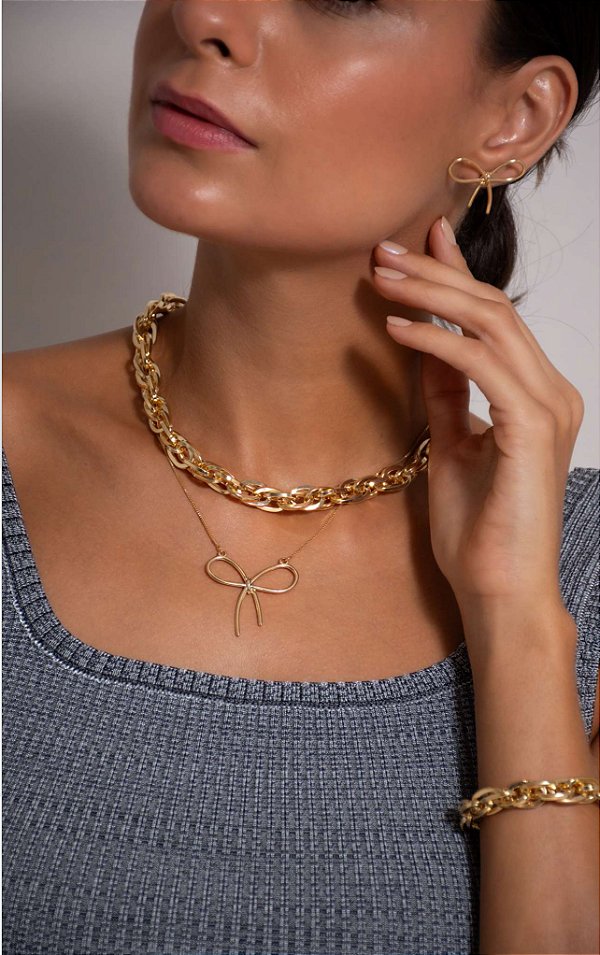 Conjunto Laço de Fio Vazado Minimalista-  Semijoia Banhada a Ouro18k