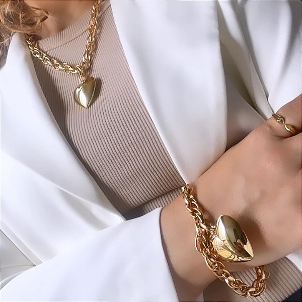 Conjunto Coração Lilian - Colar e Pulseira de Correntaria e Coraçao Liso - Semijoia Banho Ouro 18K